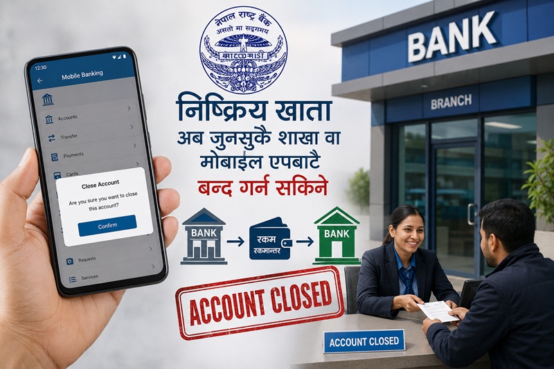 निष्क्रिय बैंक खाता अब जुनसुकै शाखा वा मोबाइल एपबाटै बन्द गर्न सकिने